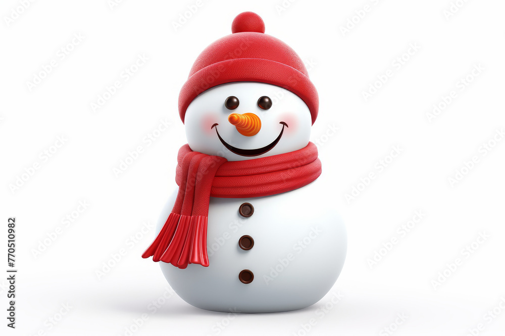 An endearing digital snowman with a bright red hat and scarf against a pure background