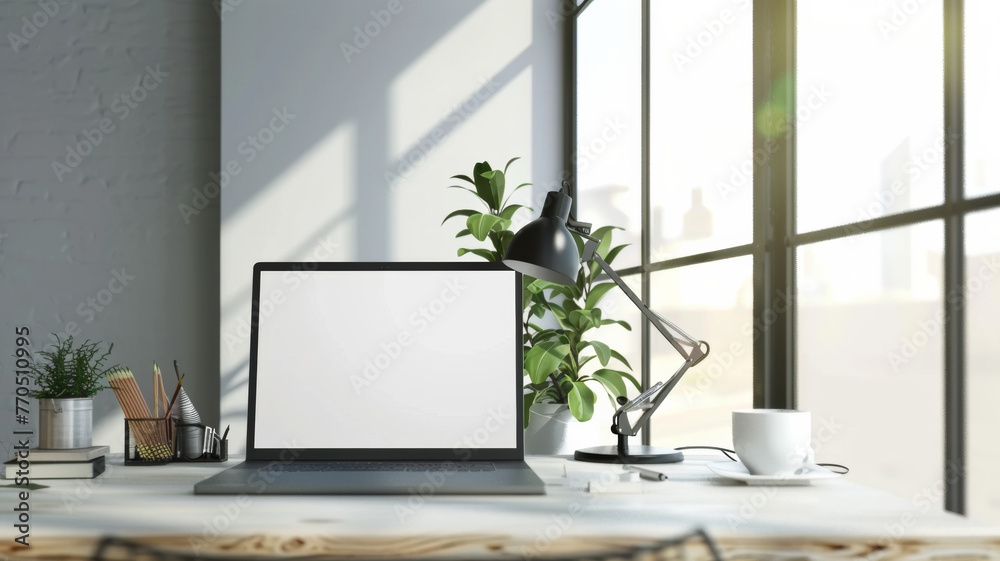 A minimalist home office setup with a laptop and plant by a sunny window. A minimalist home office setup with a laptop and plant by a sunny window.