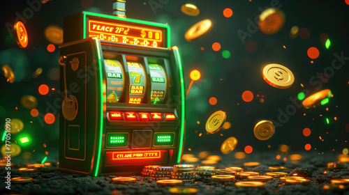 A casino slot machine with a green background giving a coin prize. Concept of prizes and casinos