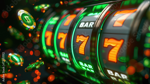 A slot machine with a green bar and seven red lights