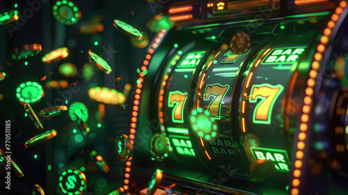 A slot machine with a green bar and a green number seven