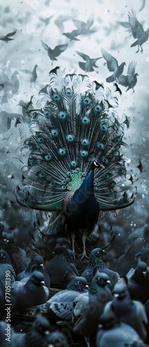 A peacock displaying its feathers among a flock of pigeons  metaphor for daring to stand out