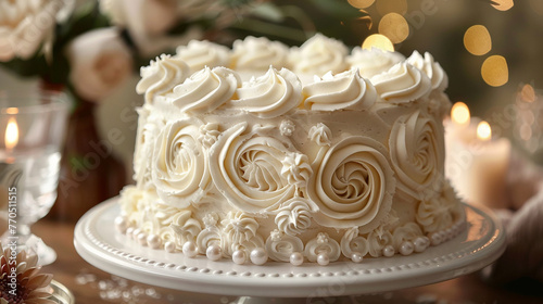 A classic birthday cake adorned with elegant swirls of frosting and edible pearls.