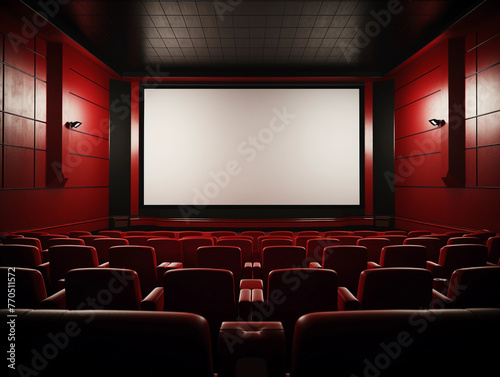 Empty red cinema room with white screen 