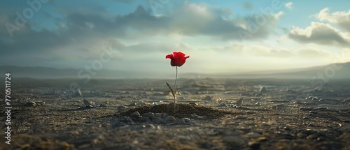 A single red flower blooming in a desolate landscape, representing the courage to be different photo