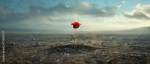 A single red flower blooming in a desolate landscape, representing the courage to be different