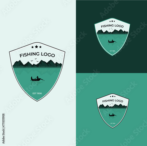 fishermen logo,Fishing Logo Design, Mountain Lake and Boat Silhouette photo