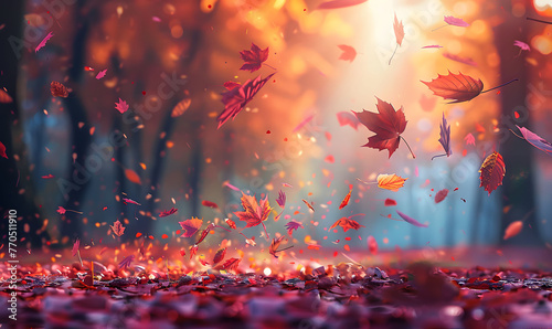Autumn background with beautiful colorful leaves falling in the air and ground covered in fallen autumn leaves. Beautiful natural autumn landscape with colorful foliage in the park. 