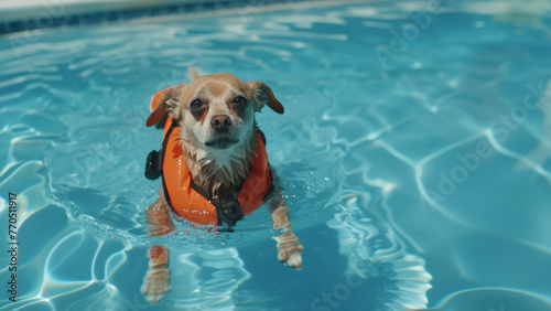 Dog in orange life vest paddling through pool water, a cute and diligent swimmer at lifeguard training. © VK Studio