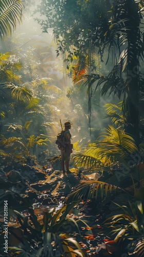 A trailblazer navigating through unexplored jungle, epitomizing courage and pioneering spirit photo