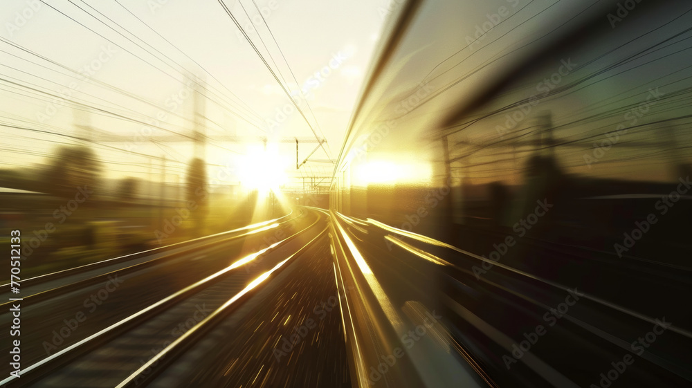 Dynamic motion blur of speeding train at sunset, symbolizing swift travel and progress. Dynamic motion blur of speeding train at sunset, symbolizing swift travel and progress.
