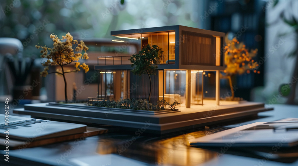 Futuristic real estate agency with holo 3d model of a small house on a table Futuristic real estate agency with holo 3d model of a small house on a table