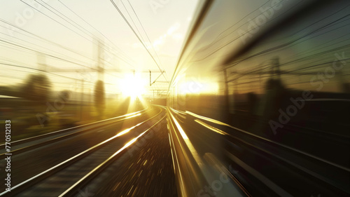 Dynamic motion blur of speeding train at sunset, symbolizing swift travel and progress.
