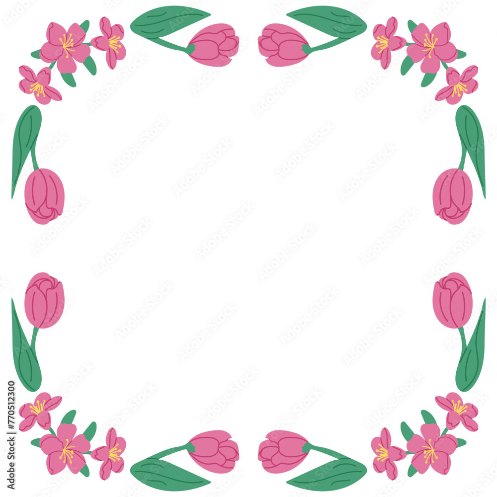 Spring square floral banner template with tulips isolated on white background. Frame template or design print with hand drawn spring flowers. Good for banner, background, social media graphics Spring square floral banner template with tulips isolated on white background. Frame template or design print with hand drawn spring flowers. Good for banner, background, social media graphics
