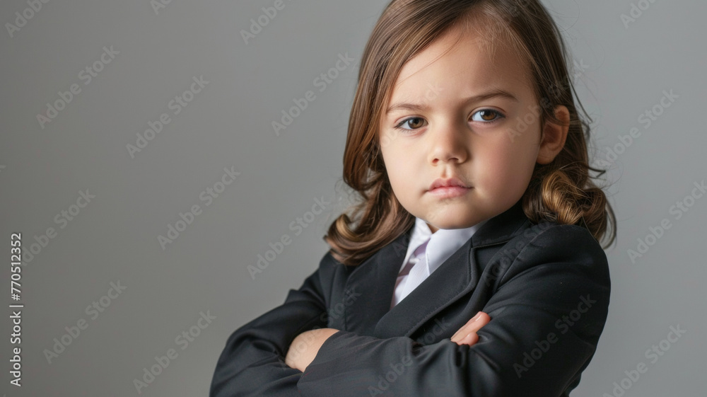 A young child in business attire exudes confidence with a powerful, serious stance. A young child in business attire exudes confidence with a powerful, serious stance.