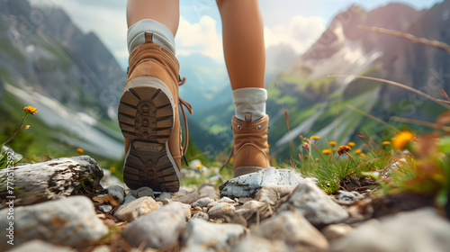 A hiker's perspective looking down at their boots while walking on a rocky mountain trail surrounded by lush greenery and stunning mountain peaks photo
