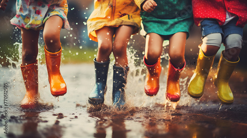 Joyful kids in colorful rainwear jumping and splashing in water, showcasing childhood fun and friendship. Happy children jumping in a puddle on a rainy day. photo