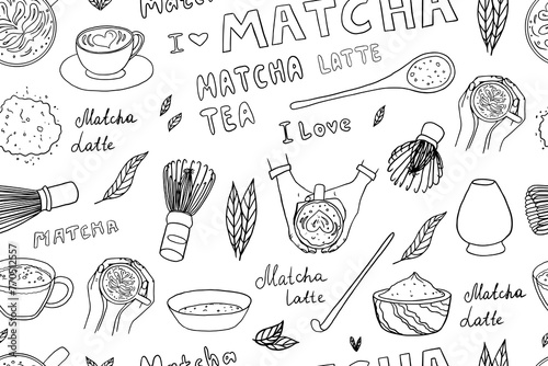 Seamless pattern of hand drawn matcha tea theme elements in doodle style. Matcha powder, Matcha Measuring Spoon, bamboo whisk, japanese tea, matcha latte, cup in hands. Cute vector illustration EPS10