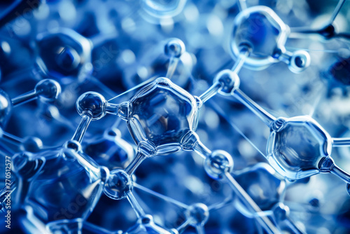 This image provides a close-up view of a molecular structure in shades of blue, showcasing the intricate bonds and atoms of a molecule