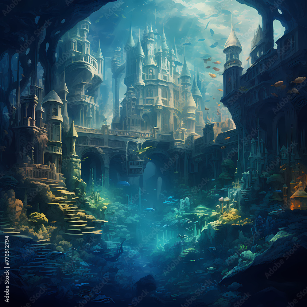 A surreal underwater city with mermaids swimming.