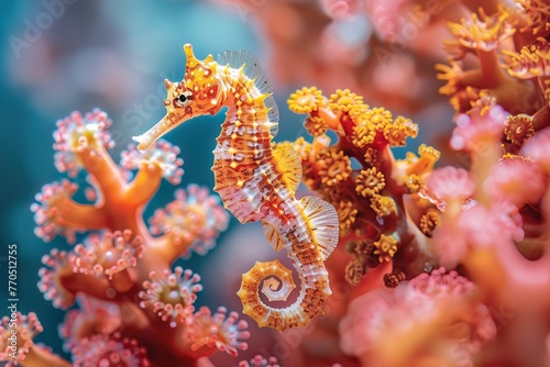 Detailed image of a seahorse clinging to coral, highlighting its intricate body structure, perfect for aquatic wildlife photography