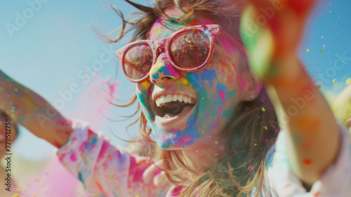 Joyful woman covered in Holi powder celebrates with carefree enthusiasm outdoors.