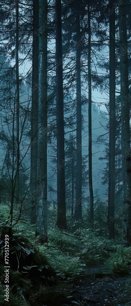 Obraz premium Detailed shot of a forest at dusk, capturing the eerie atmosphere where Bigfoot sightings have been reported, great for mystery settings