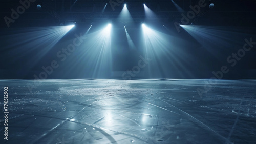 Dramatic spotlights converge on an empty stage, evoking anticipation of a performance.