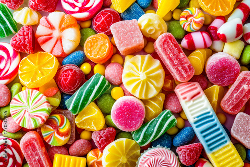 An eye-catching assortment of various candies tightly packed showing diverse shapes and colors