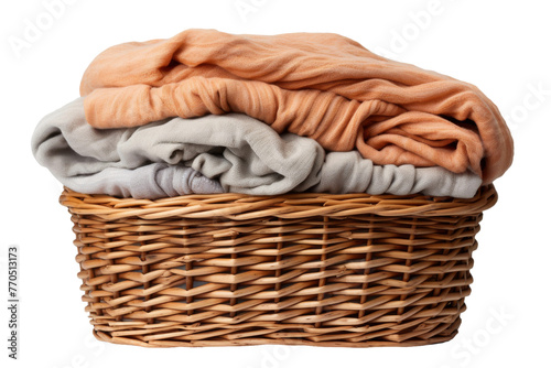 Wicker Basket Filled With Blankets on White Background. On a White or Clear Surface PNG Transparent Background.