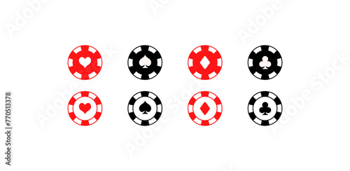 Chips icons with card suits. Set of playing chips. Flat and silhouette style. Vector icons