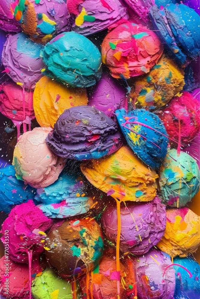 Multicolored ice cream in the form of balls and confetti.