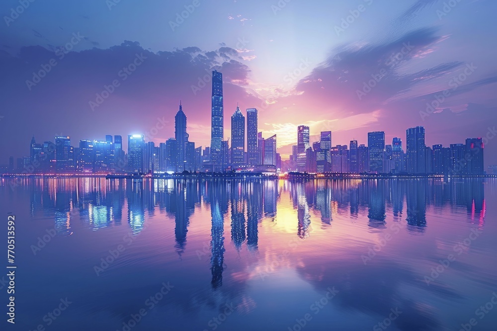 Naklejka premium the panoramic view of a smart city skyline at twilight, showcasing interconnected buildings with IoT technology.