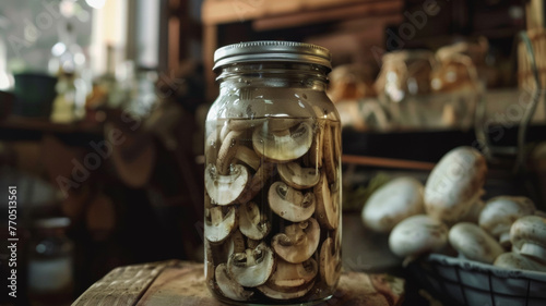 Jar of pickled mushrooms on a rustic wooden surface with a vintage backdrop. © VK Studio