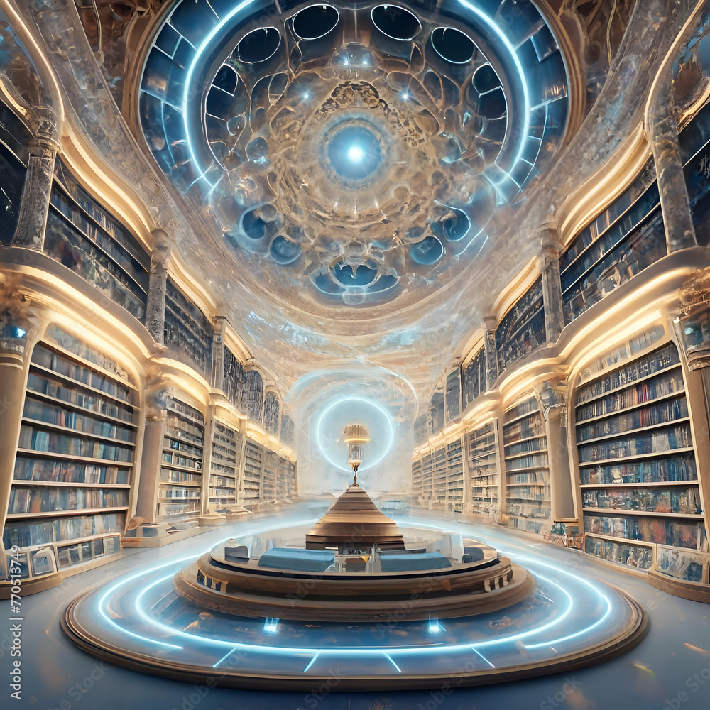 Obraz premium virtual view of golden-blue Akashi library extraterrestrial magical space. knowledge mystery concept. Ai generated.