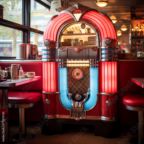 A vintage jukebox in a 1950s-style diner. 