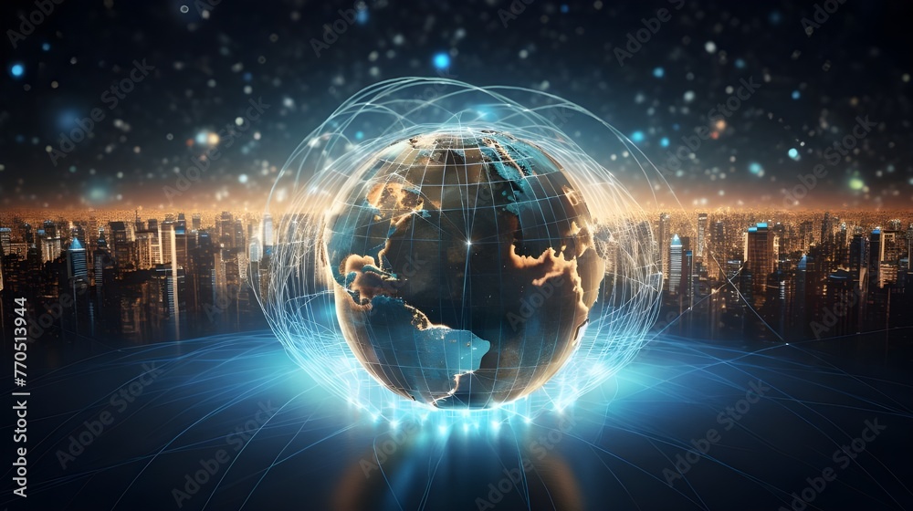 Obraz premium digital world, centered on America, enables global connectivity, high-speed data transfer, cyber technology, information exchange, and international communication.