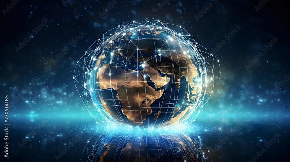 Obraz premium digital world, centered on America, enables global connectivity, high-speed data transfer, cyber technology, information exchange, and international communication.