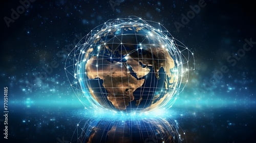 digital world, centered on America, enables global connectivity, high-speed data transfer, cyber technology, information exchange, and international communication. © Emongrapic
