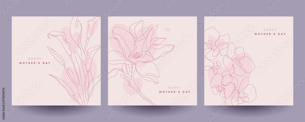 Happy Mother's Day greeting cards set with flowers and hearts. Continuous line art illustrations. Happy Mother's Day greeting cards set with flowers and hearts. Continuous line art illustrations.