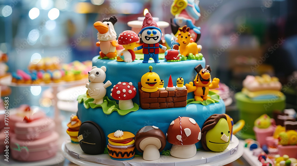 A themed birthday cake featuring favorite characters or hobbies of the celebrant.