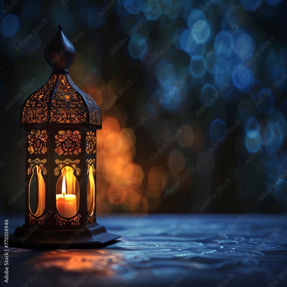 Arabic lantern with a burning candle glowing at night is an invitation for Ramadan Kareem Arabic lantern with a burning candle glowing at night is an invitation for Ramadan Kareem