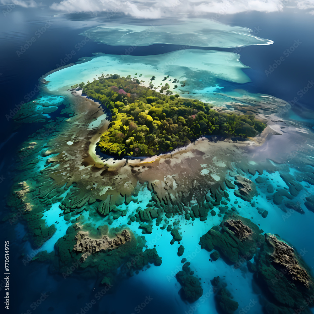 Aerial view of a tropical island with coral reefs. 