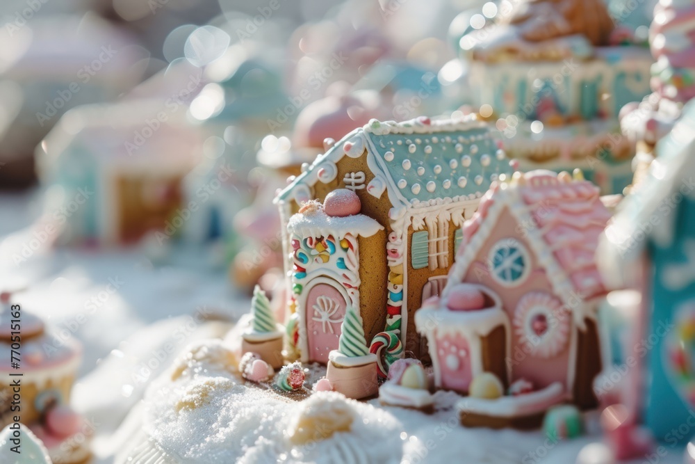 A micro landscape of a Christmas Gingerbread City from fairy tales - obrazy, fototapety, plakaty 