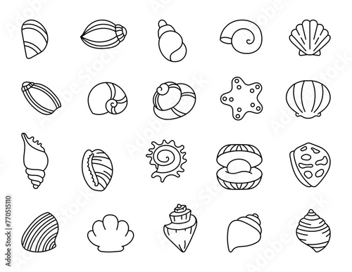 Marine seashell. Coloring Page. Underwater conches of mollusk and sea snail. Summer vacation. Hand drawn style. Vector drawing. Collection of design elements. © palau83