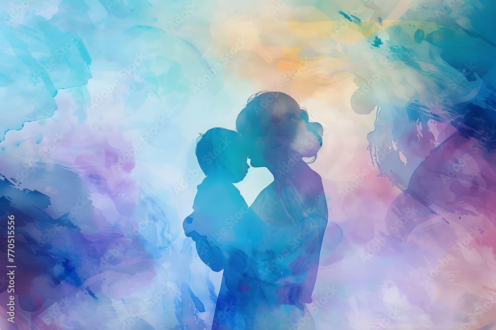 digital painting of a mother embracing her child against a colorful watercolor background, mother's day concept, generative ai - obrazy, fototapety, plakaty 