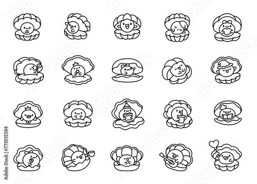 Cartoon kawaii seashell with a pearl. Coloring Page. Funny aquatic life. Hand drawn style. Vector drawing. Collection of design elements. © palau83