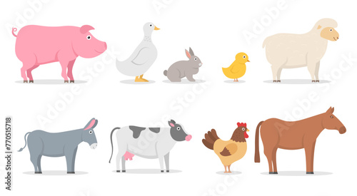 Collection of cute cartoon characters isolated on white background. Farm animals set in flat style. Husbandry set pig, duck, rabbit, sheep, donkey, cow, horse, rooster, chicken, goose. Vector.
