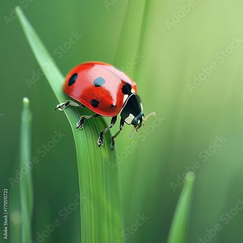 Vivid detail of a ladybug on a green blade of grass, with its red shell and black spots standing out, suitable for insectthemed images photo