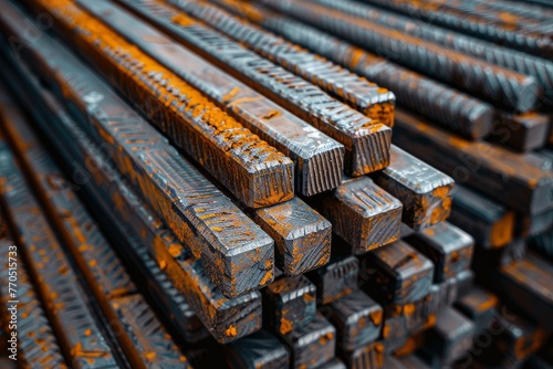 A pile of steel bars in a warehouse. photo